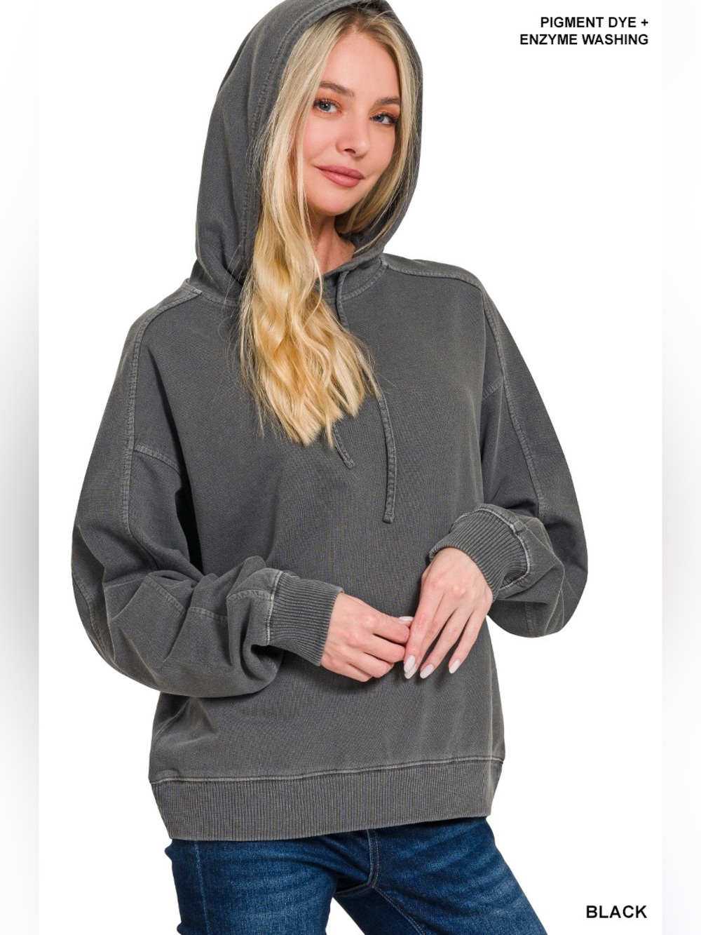 Zenana Black Pigment Dye & Enzyme Washed French Terry Hoodie